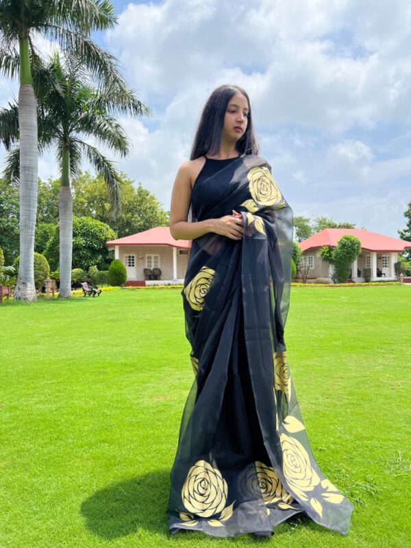 Black Organza Saree with Golden Flowers