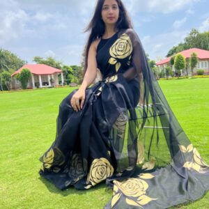 Black Organza Saree with Golden Flowers