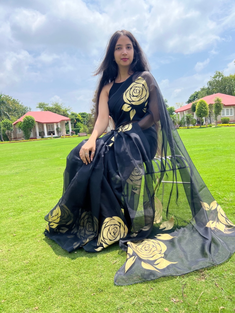 Black Organza Saree with Golden Flowers