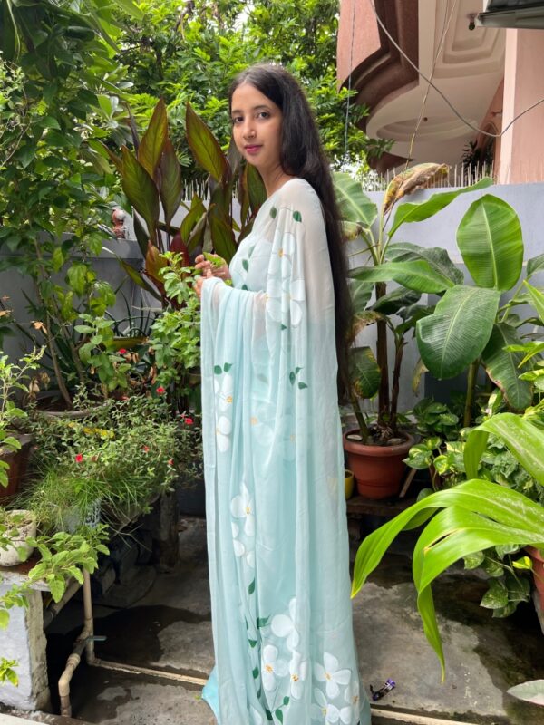 Blue Chiffon Saree with White Flowers