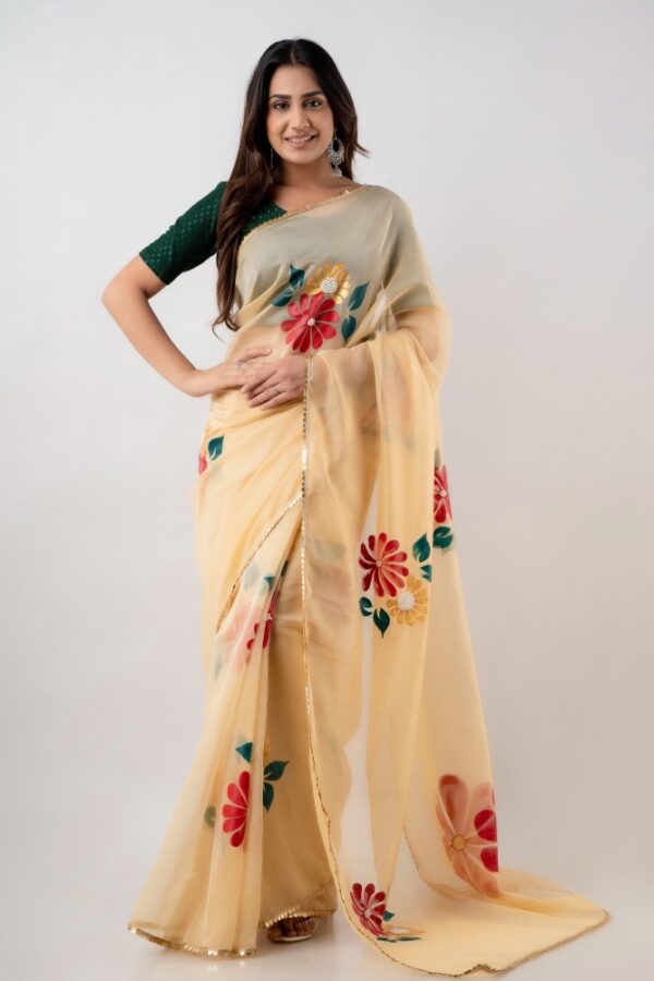 Golden Organza Saree Hand Painted