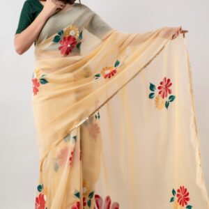 Golden Organza Saree Hand Painted