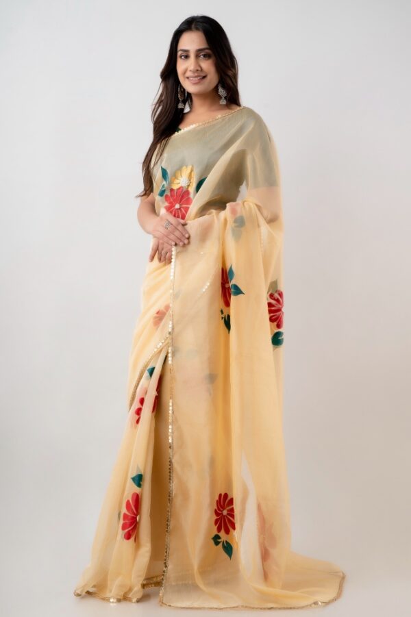 Golden Organza Saree Hand Painted