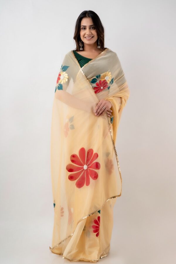 Golden Organza Saree Hand Painted