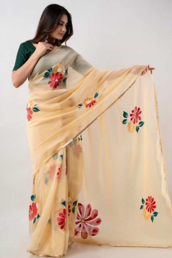 Golden Organza Saree Hand Painted