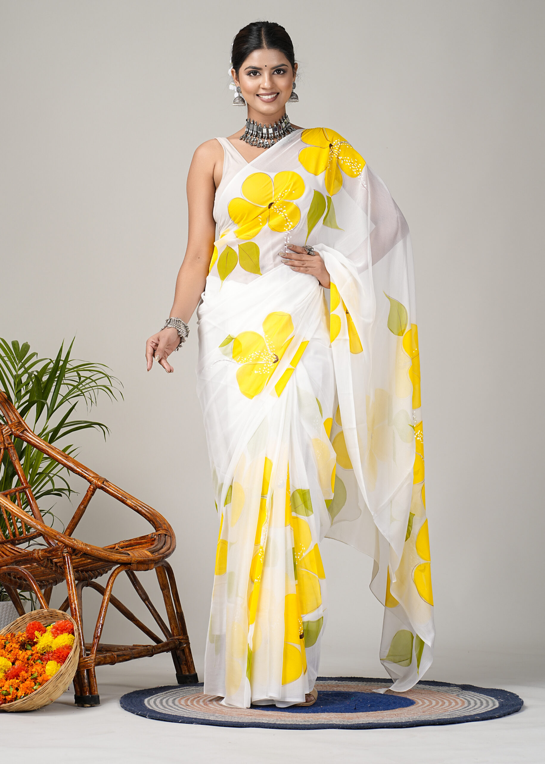 Digital Printed Chiffon Saree in Off White : SKK34624