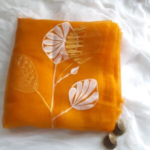 Orange Organza Dupatta Hand Painted