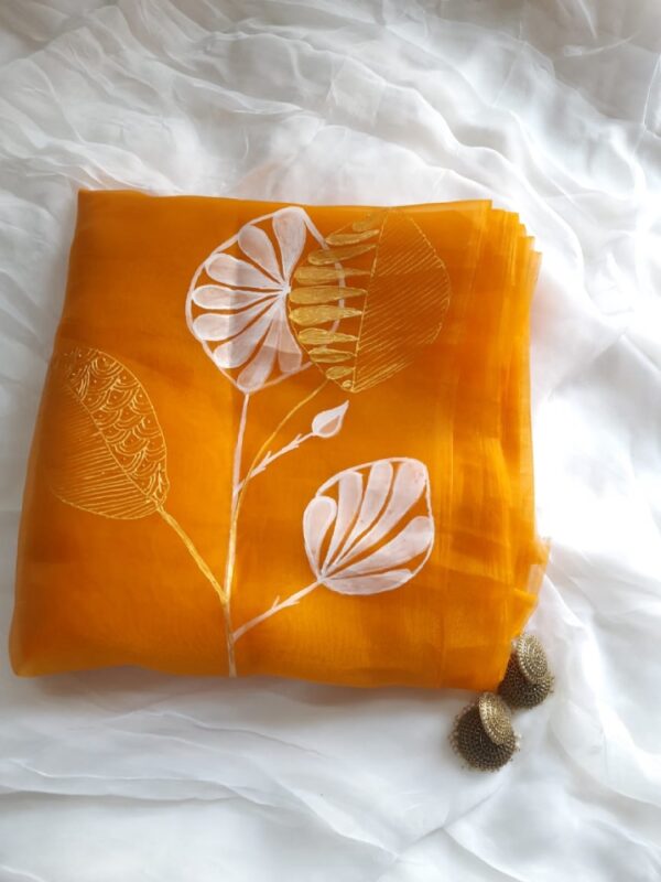 Orange Organza Dupatta Hand Painted