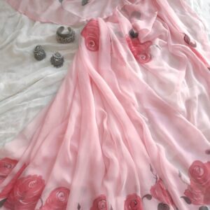 Pink Chiffon Saree Hand Painted