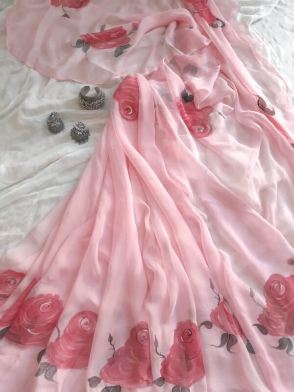 Pink Chiffon Saree Hand Painted