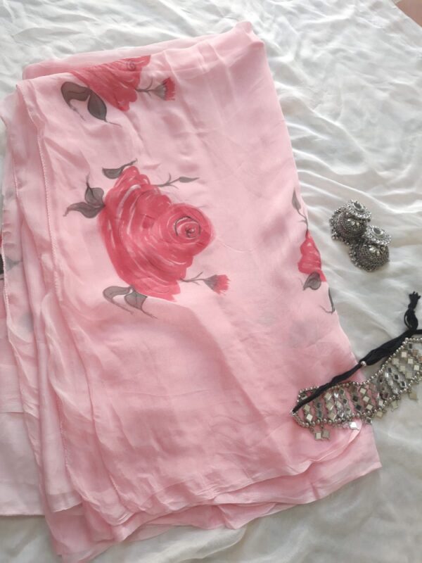 Pink Chiffon Saree Hand Painted