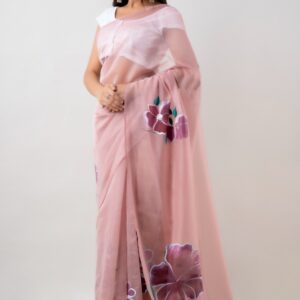 Pink Organza Saree with Stone Work Hand Painted