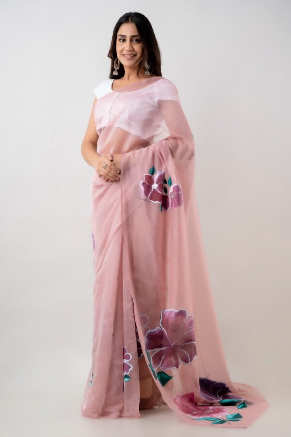 Pink Organza Saree with Stone Work Hand Painted