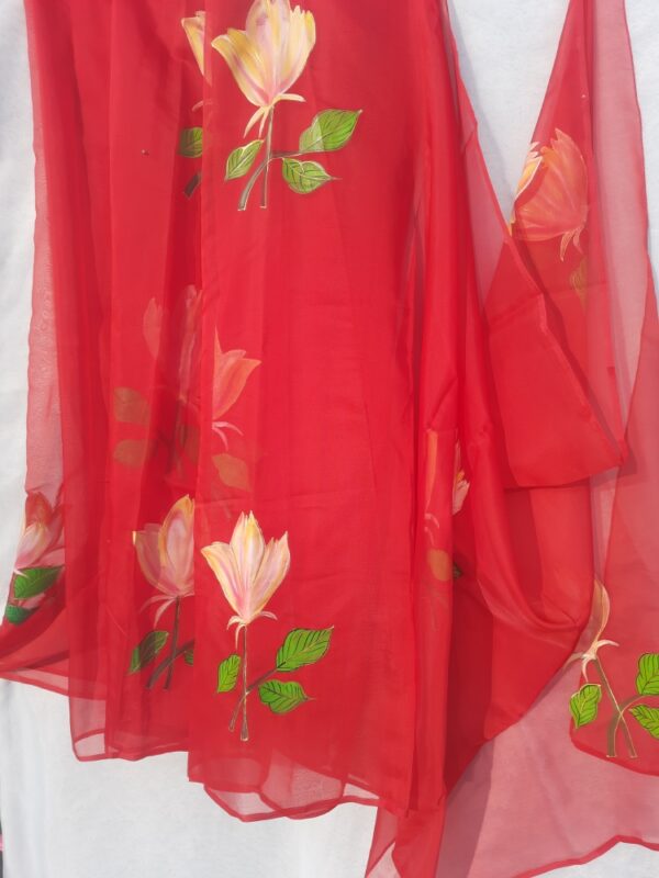 Red Organza Saree Hand Painted