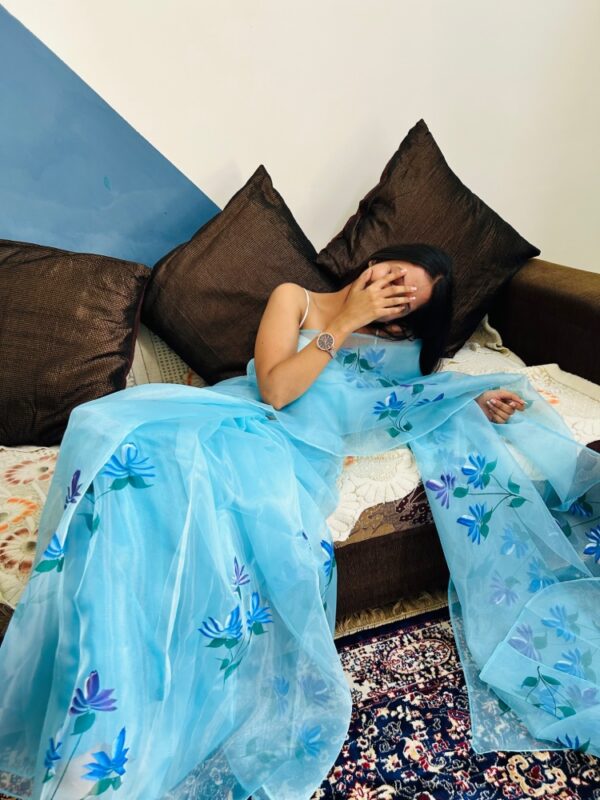 Sky Blue Organza Saree Hand Painted