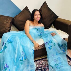 Sky Blue Organza Saree Hand Painted