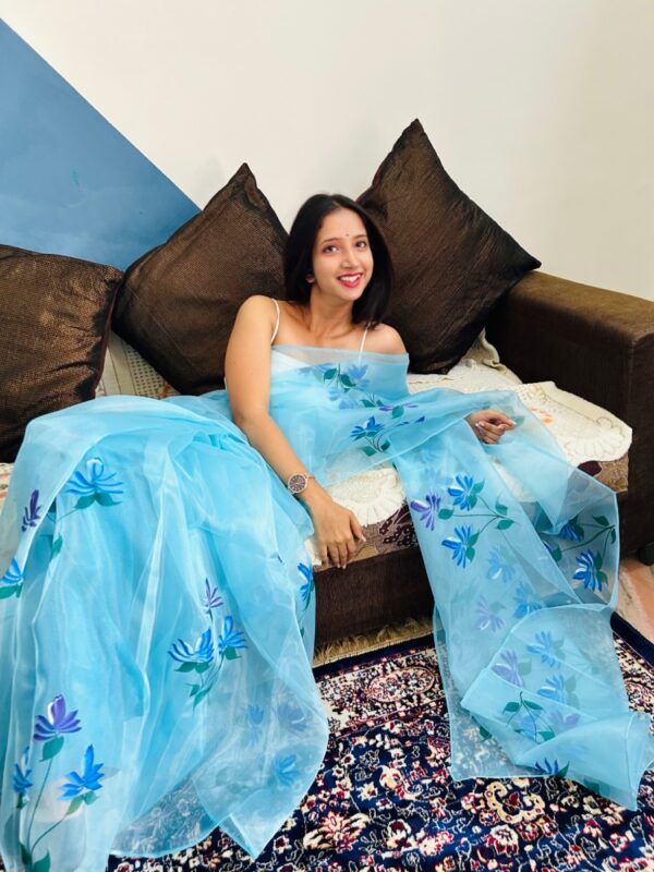 Sky Blue Organza Saree Hand Painted