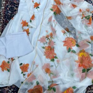 White Chiffon Lehenga with Orange Flowers