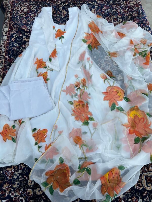 White Chiffon Lehenga with Orange Flowers