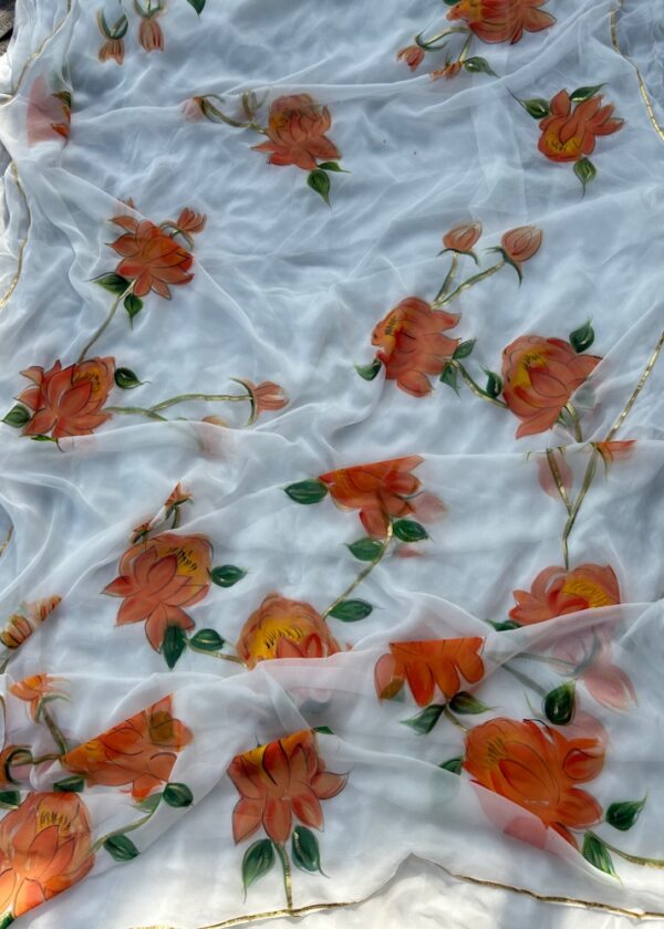 White Chiffon Saree with Orange Flowers