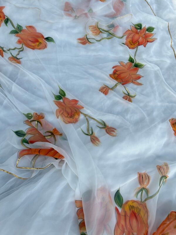 White Chiffon Saree with Orange Flowers