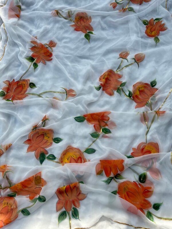 White Chiffon Saree with Orange Flowers