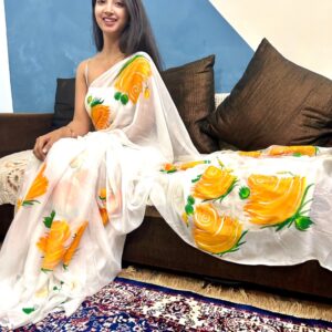 White Chiffon Saree with Yellow Flowers