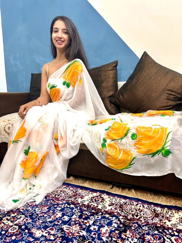 White Chiffon Saree with Yellow Flowers