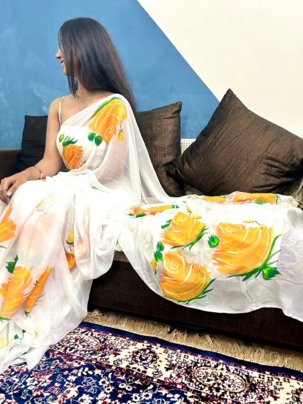 White Chiffon Saree with Yellow Flowers