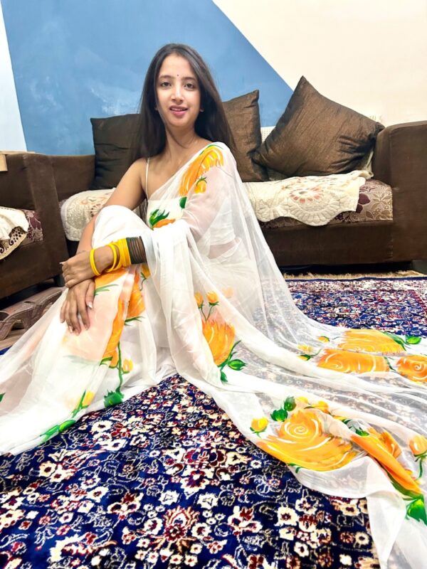 White Chiffon Saree with Yellow Flowers