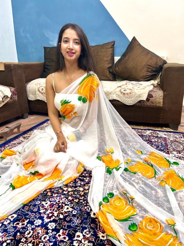 White Chiffon Saree with Yellow Flowers