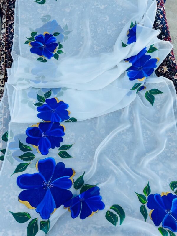 White Organza Saree with Blue Flowers