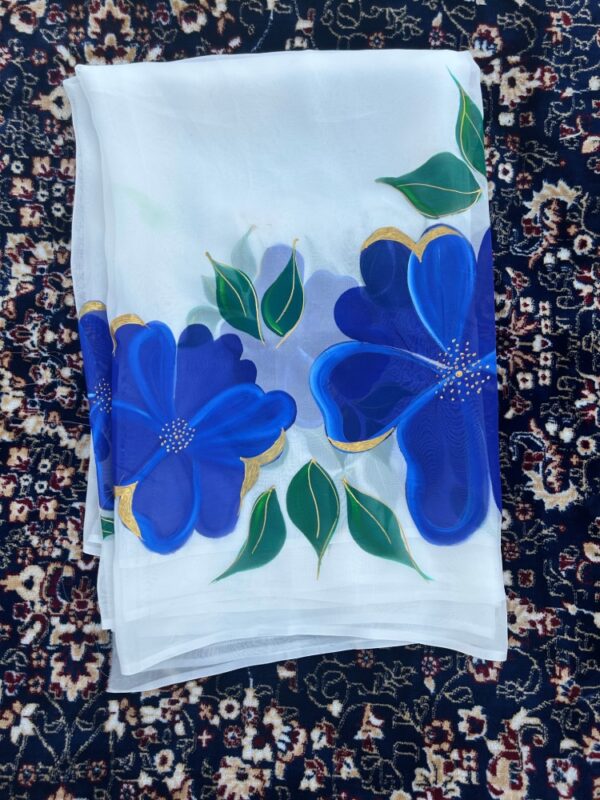 White Organza Saree with Blue Flowers