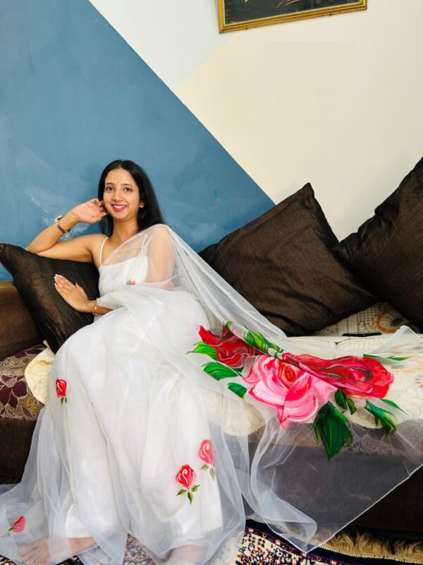 White Organza Saree with Rose Print